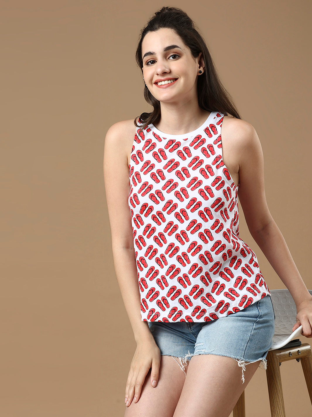 Women Red and White Printed Sleeveless Cotton Top