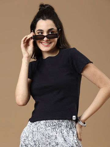 Women Black Solid Half Sleeve Cotton Top