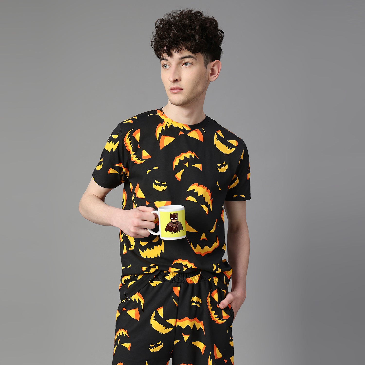 Men's Yellow and Black Graphic Printed Co-ords