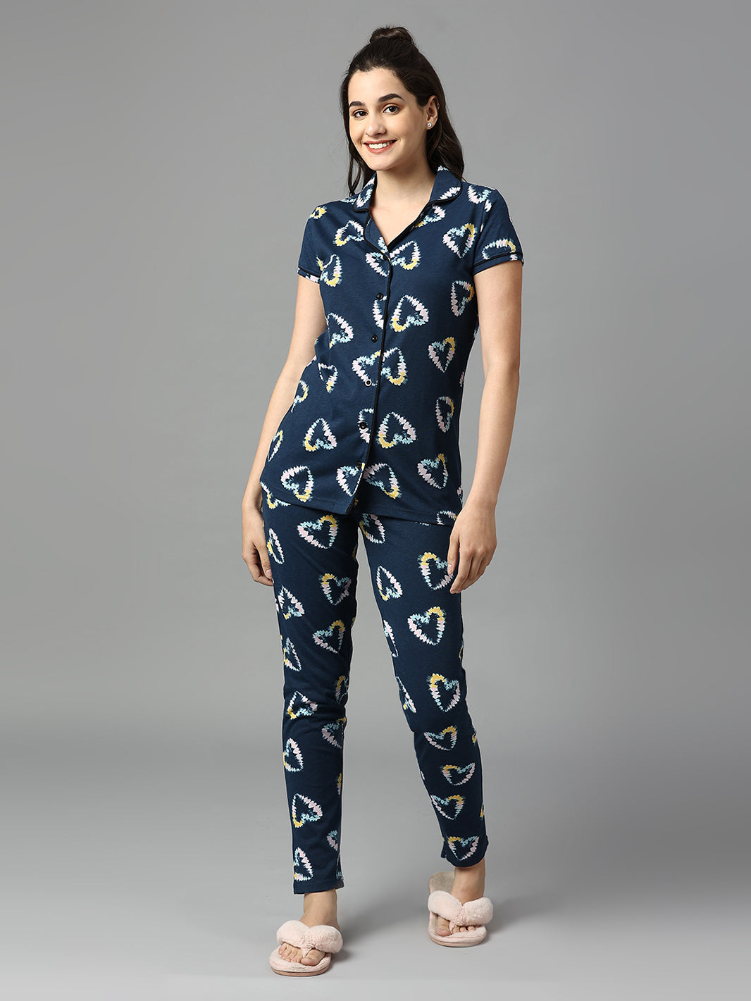 Women Dark Blue Hearts Graphic Printed Nightwear
