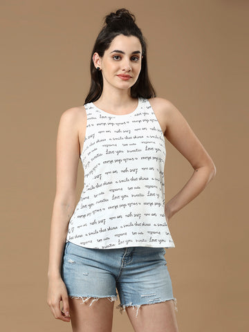 Women White Sleeveless Printed Cotton Top