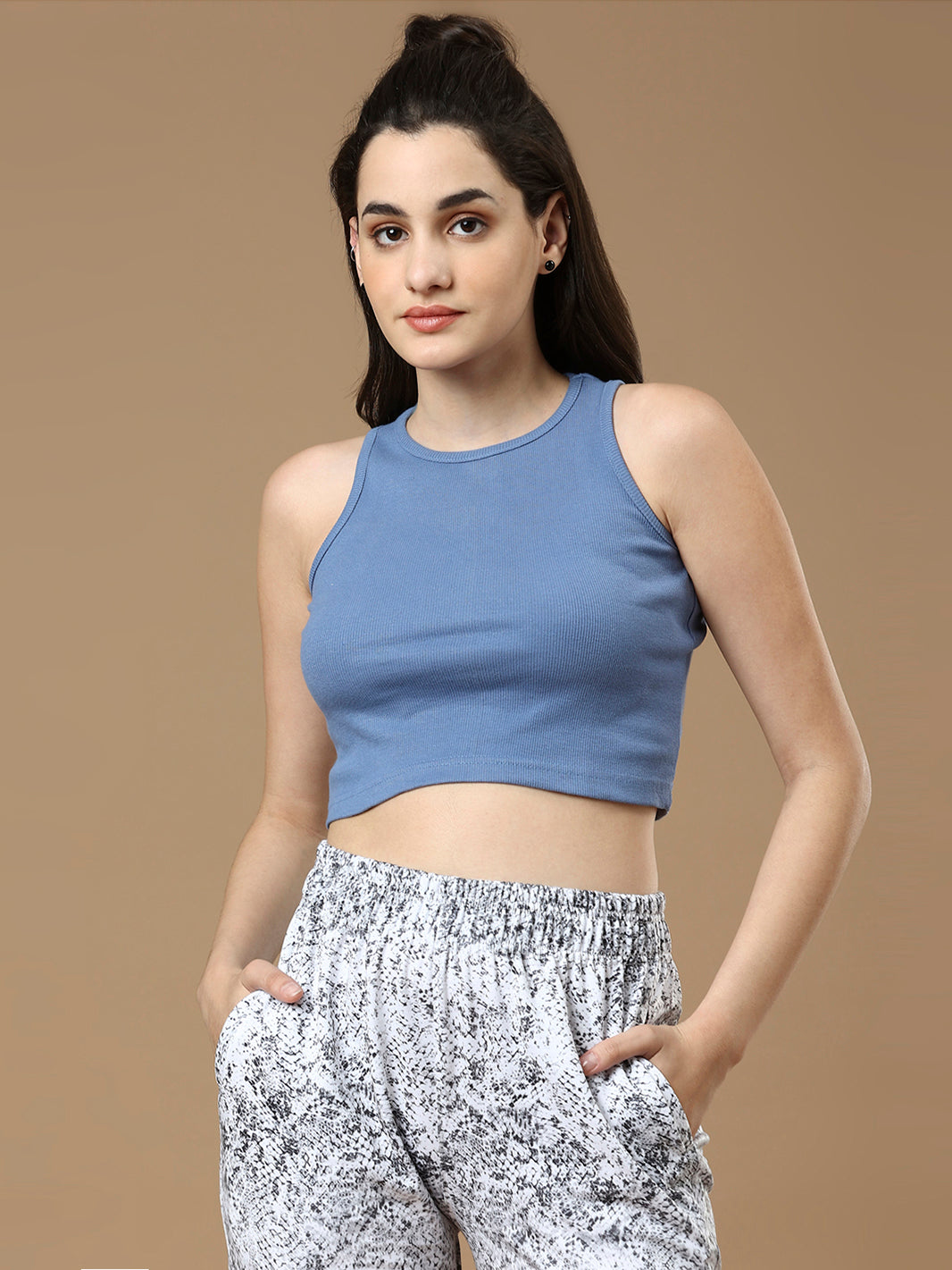 Women Blue Rib Crop Top