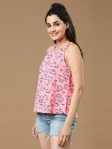 Women Pink Printed Sleeveless Cotton Top
