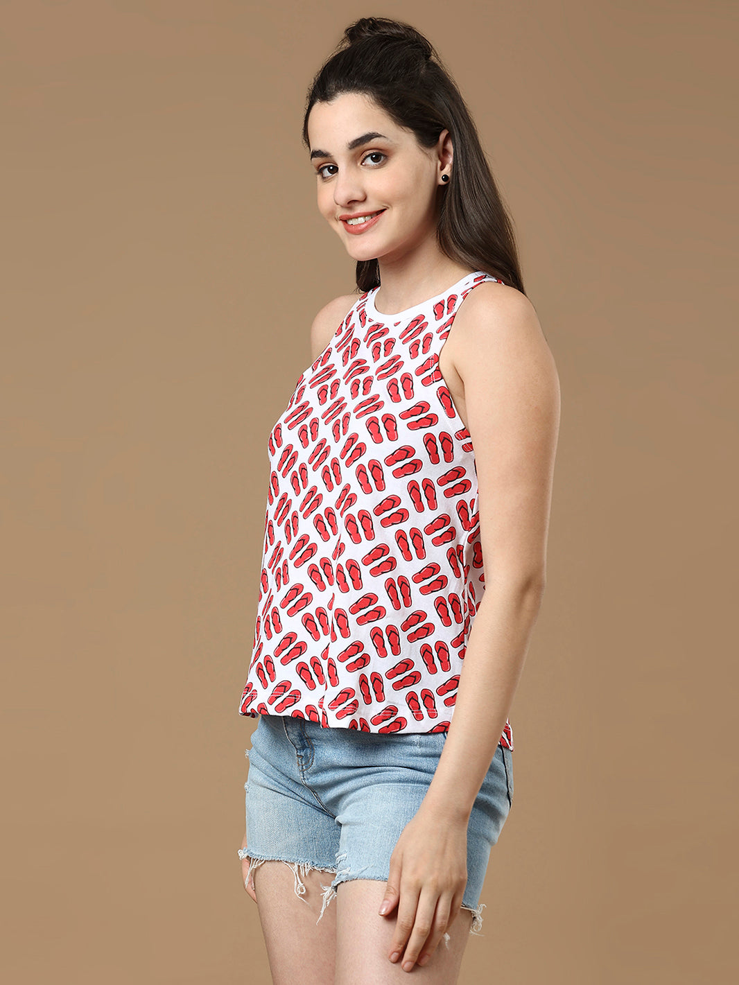 Women Red and White Printed Sleeveless Cotton Top