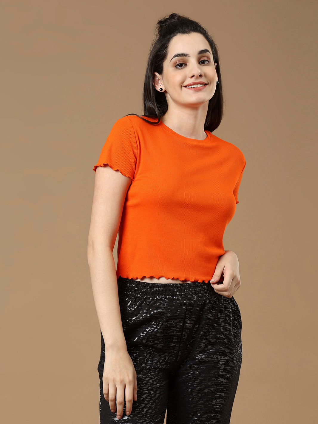 Women Orange Solid Half Sleeve Cotton Top
