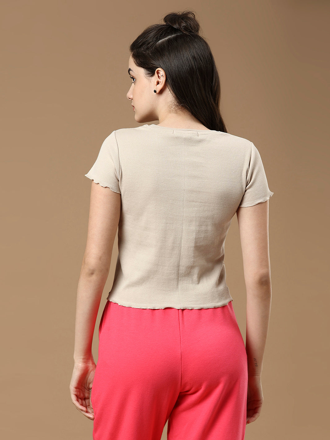 Women Beige Solid Half Sleeve Cotton Top