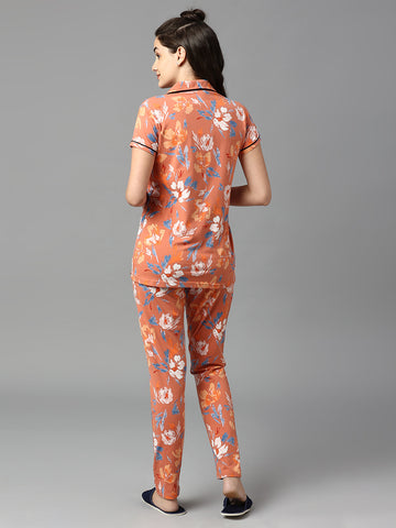 Women Carrot Orange Floral Graphic Printed Nightwear