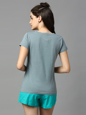 Women Grey V-Neck Half Sleeve Cotton Top