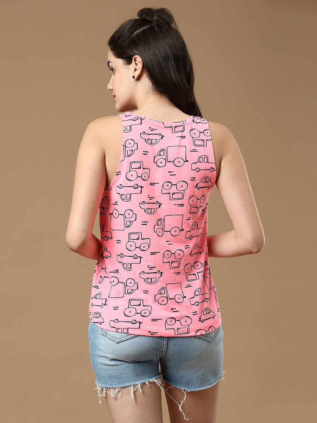 Women Pink Printed Sleeveless Cotton Top