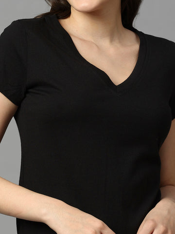 Women Black V-Neck Half Sleeve Cotton Top