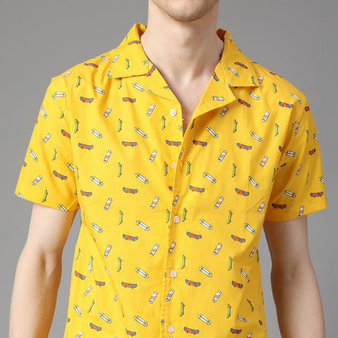 Men's Yellow Front Open Graphic Printed Co-ord Set
