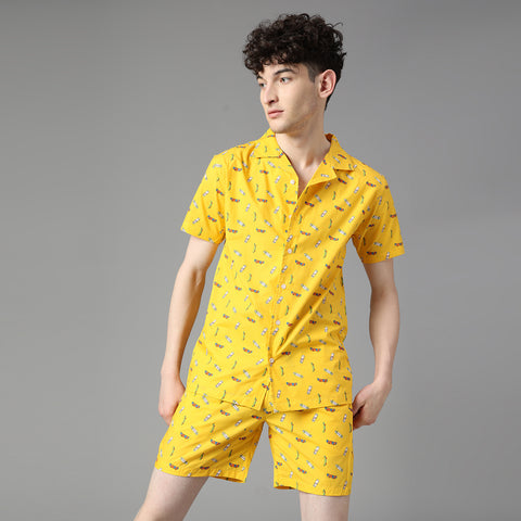 Men's Yellow Front Open Graphic Printed Co-ord Set