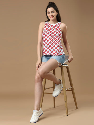 Women Red and White Printed Sleeveless Cotton Top