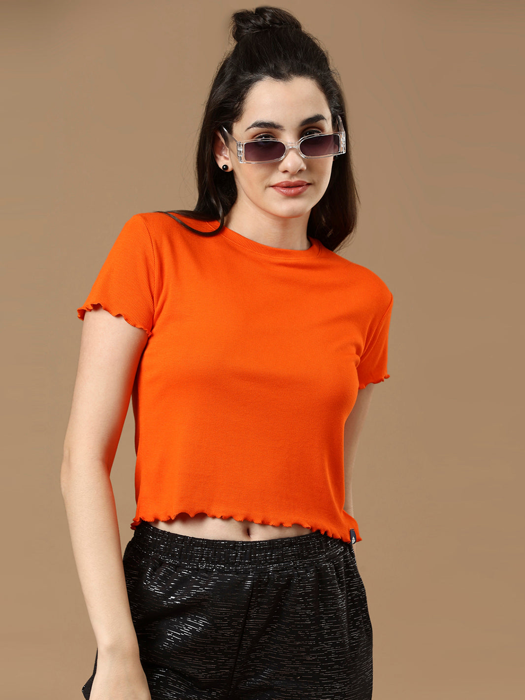Women Orange Solid Half Sleeve Cotton Top