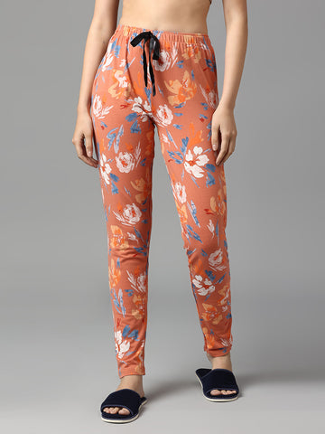 Women Carrot Orange Floral Graphic Printed Nightwear