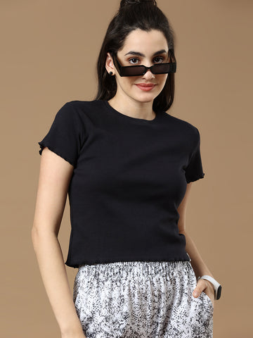Women Black Solid Half Sleeve Cotton Top
