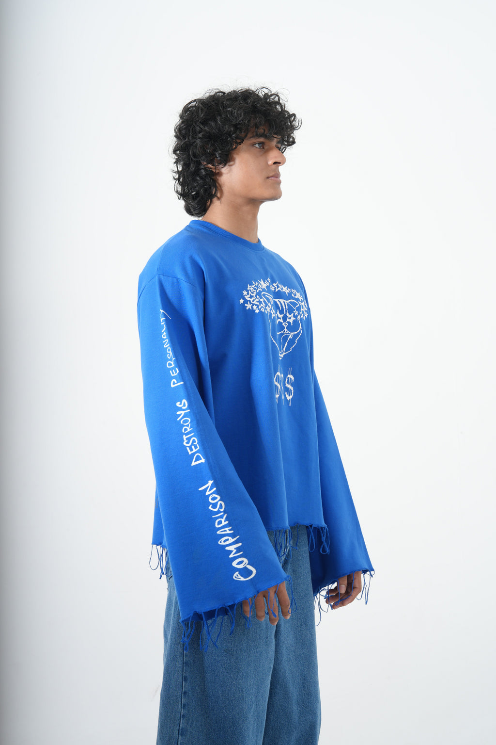 ROYAL BLUE PRINTED BELL SLEEVES T-SHIRT