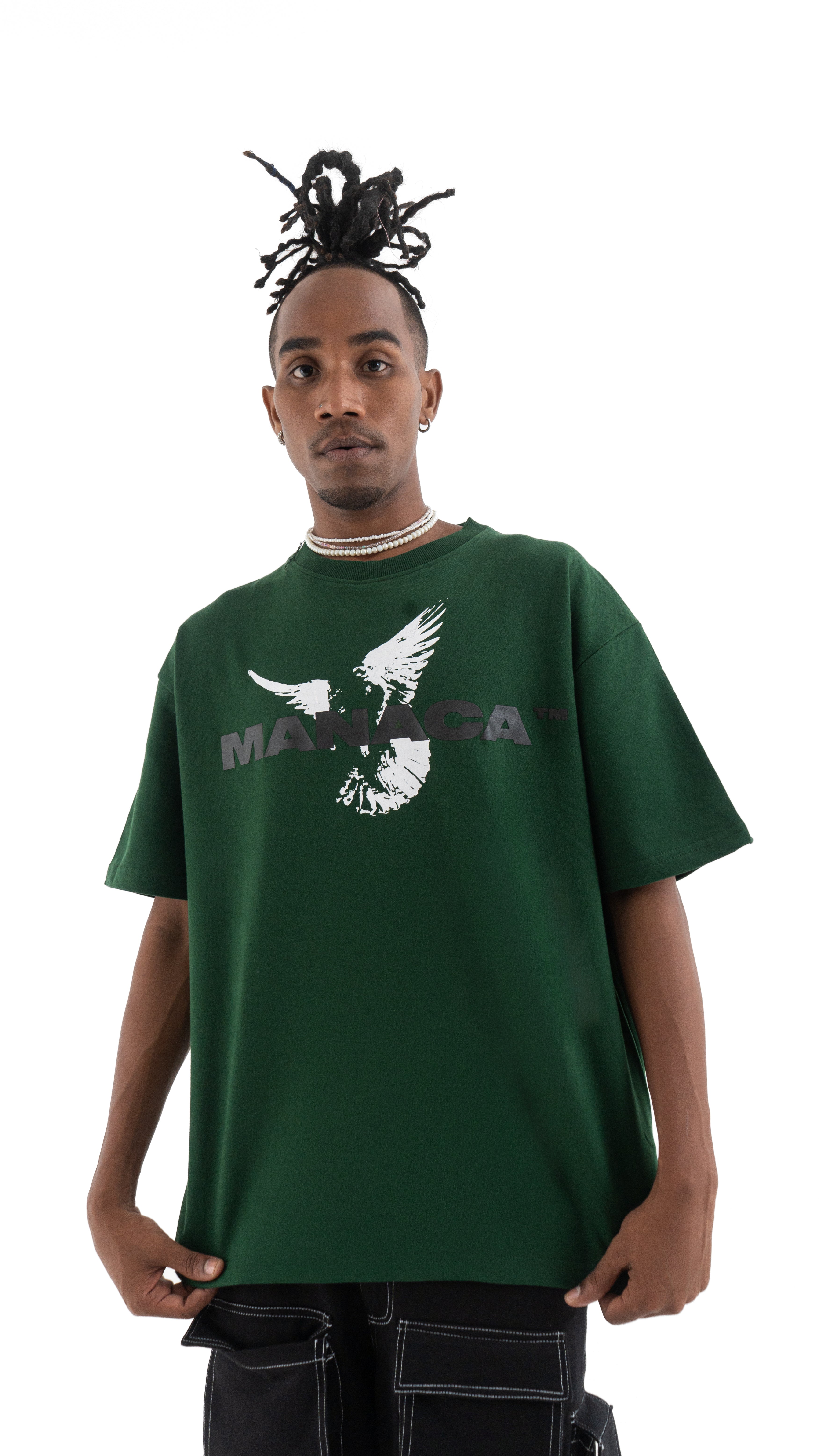 Manaca Peace Navy Green Cotton Oversized T-shirt