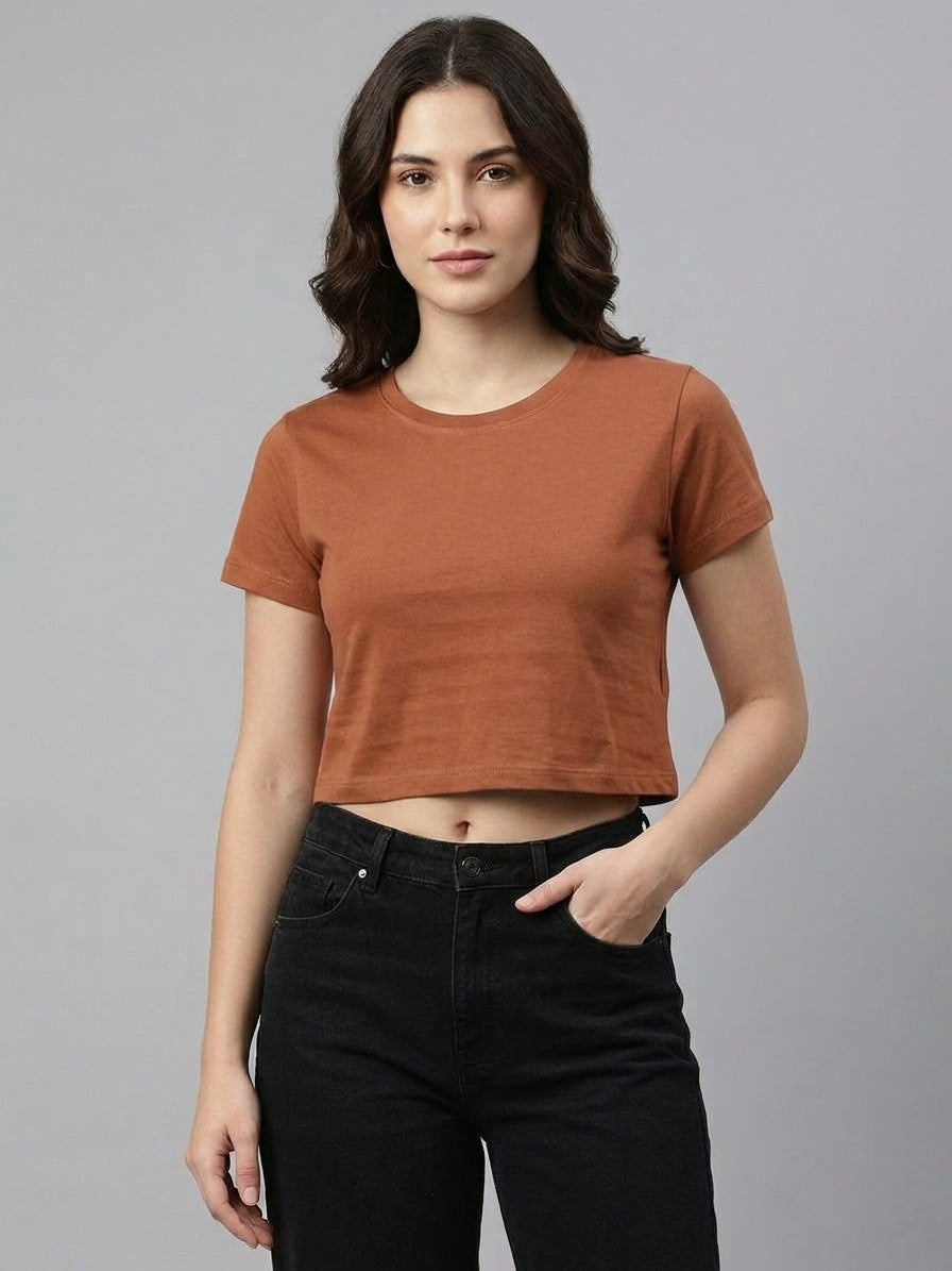 Crew Neck brownish Orange Basic Women's Essential