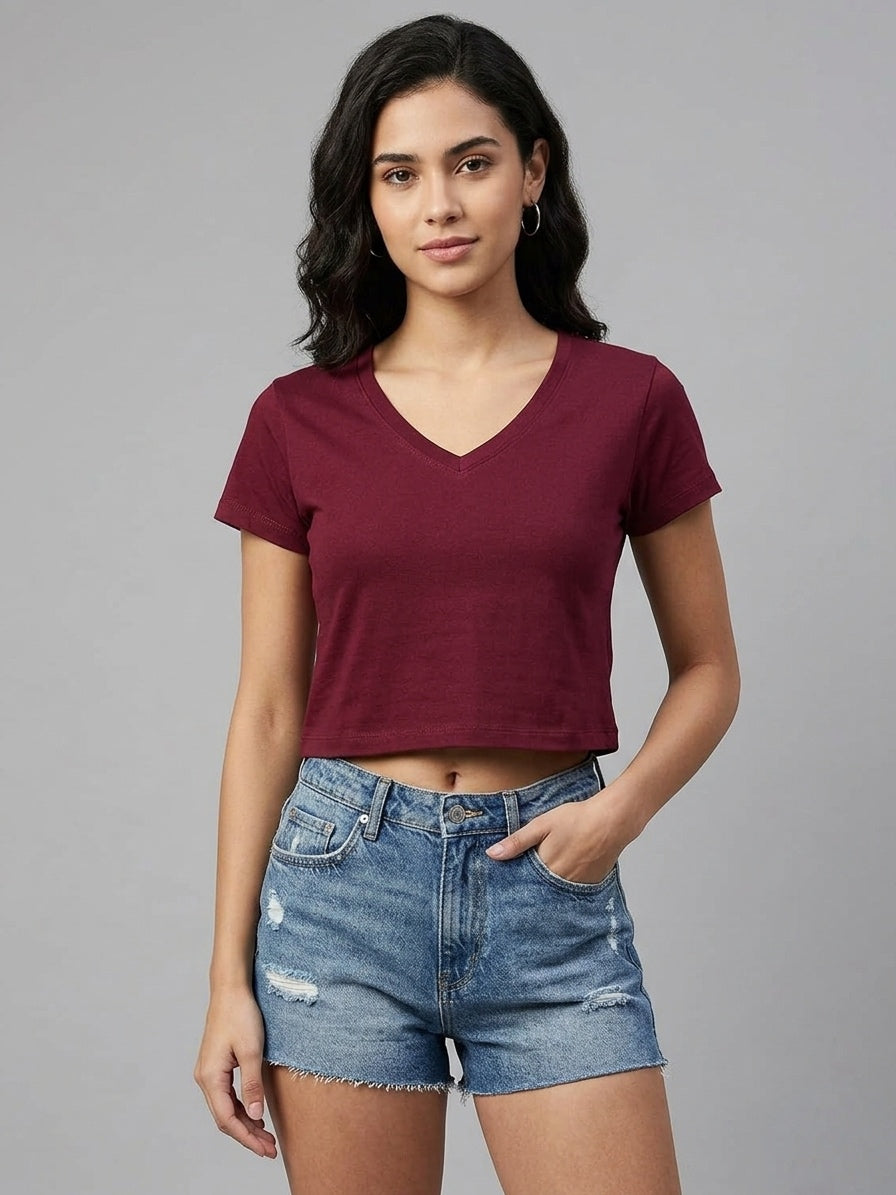 V Neck Maroon Basic Women's Essential