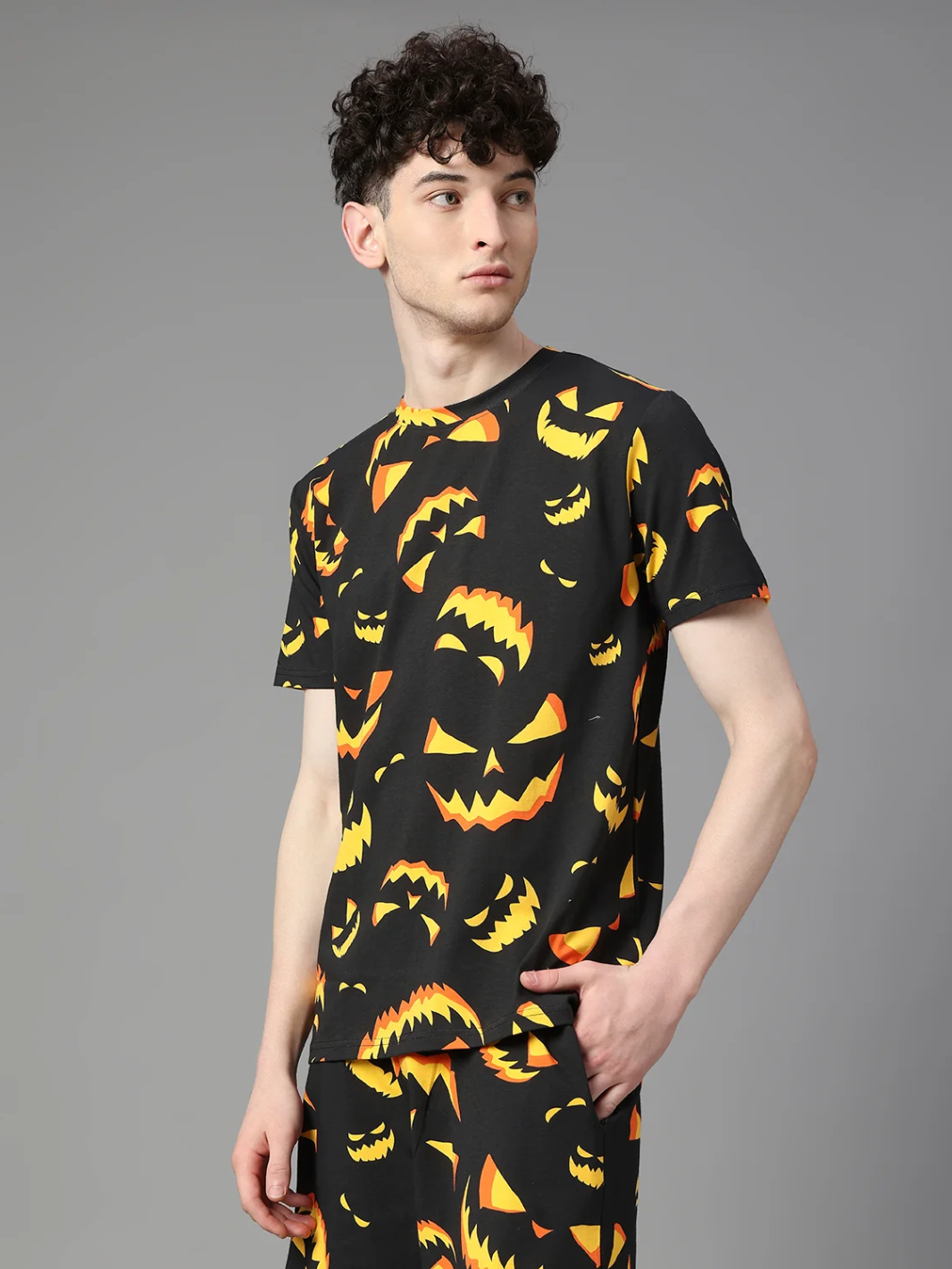 Men's Yellow and Black Graphic Printed Co-ords