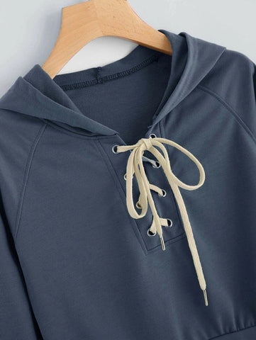Lace Up Solid Hooded Sweatshirt
