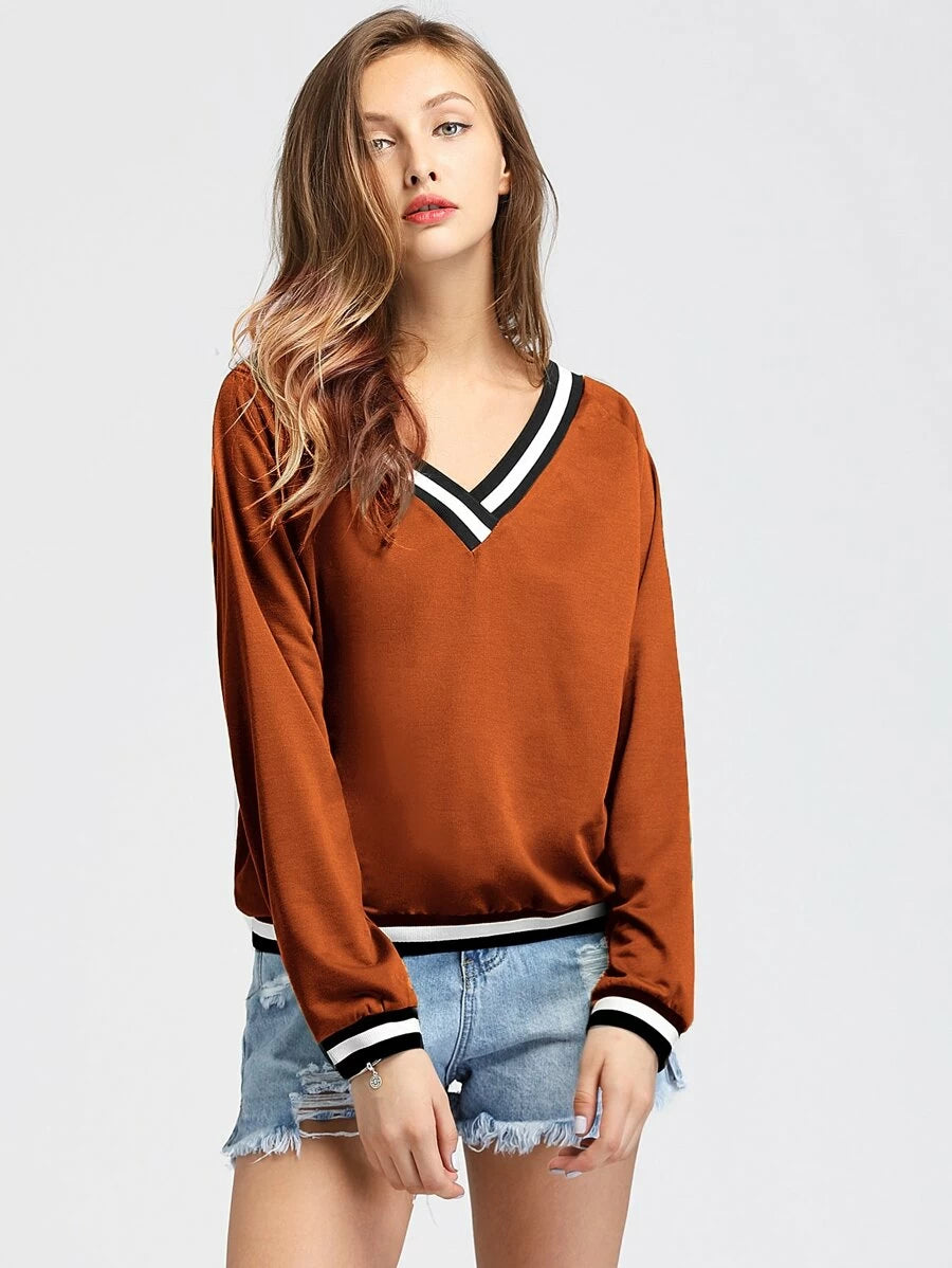 Contrast Striped V Neck Sweatshirt
