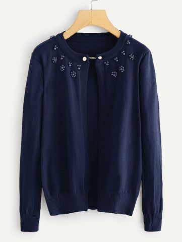 Pearl Beaded Open Front Knit Coat