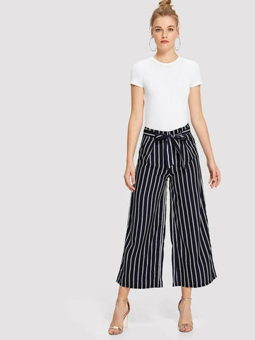 Vertical Striped Self Tie Wide Leg Pants