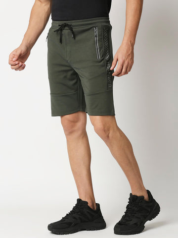 Poly Cotton Casual Shorts With Arrow - Olive