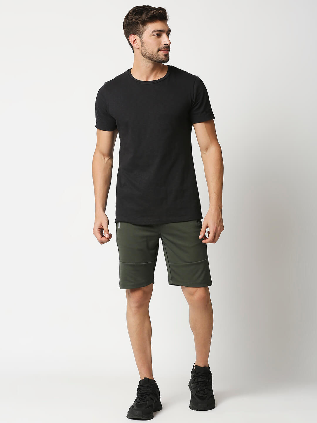 Poly Cotton Casual Shorts With Arrow - Olive