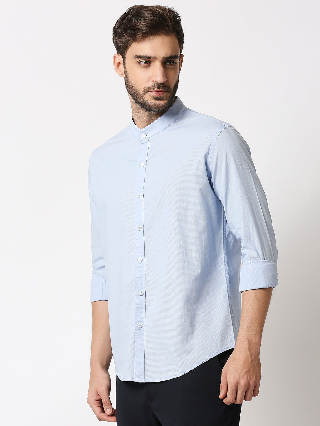The Manaca Mandarin Collar Plain Shirt - Sky Blue