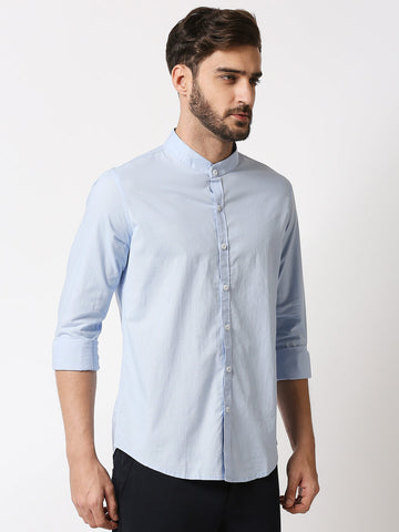 The Manaca Mandarin Collar Plain Shirt - Sky Blue