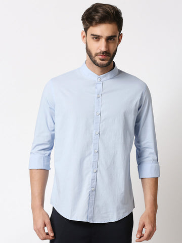 The Manaca Mandarin Collar Plain Shirt - Sky Blue