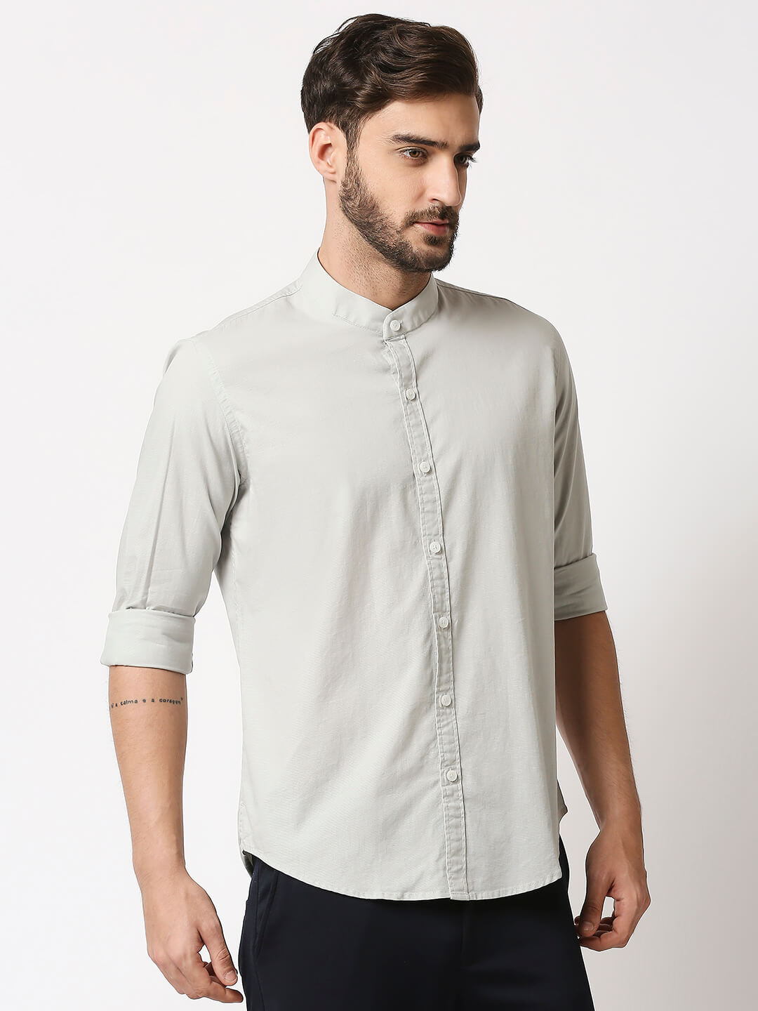 The Manaca Mandarin Collar Plain Shirt - Grey