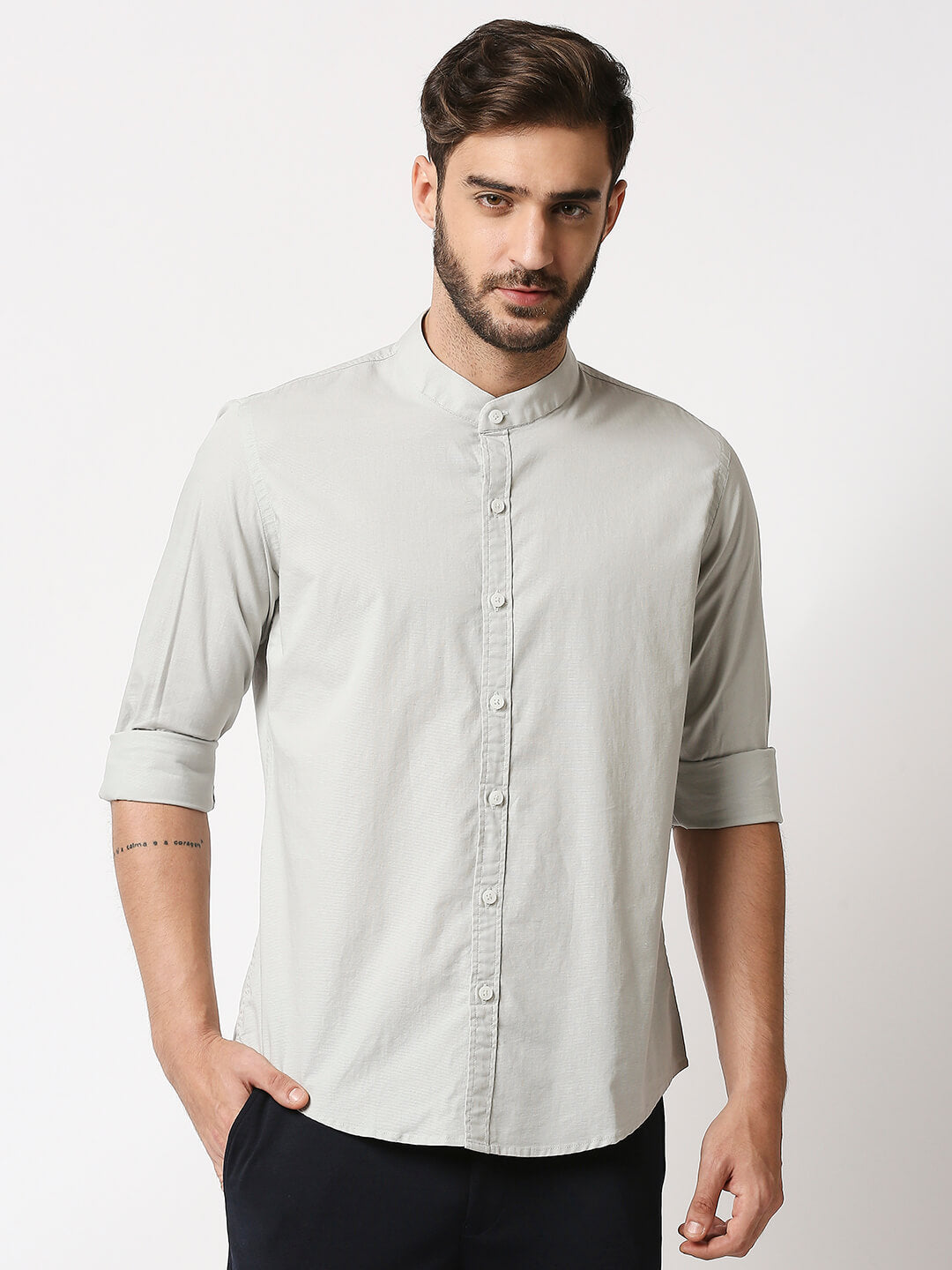 The Manaca Mandarin Collar Plain Shirt - Grey