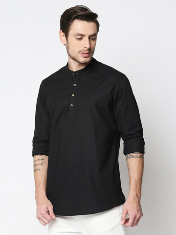 The Manaca Mandarin Collar Plain Shirt - Black