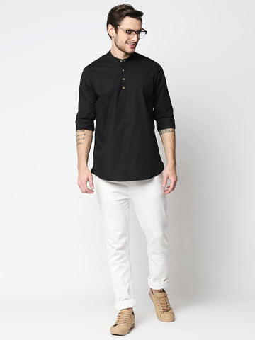 The Manaca Mandarin Collar Plain Shirt - Black
