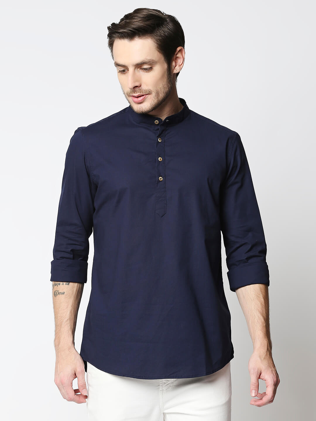 The Manaca Mandarin Collar Plain Shirt - Navy Blue