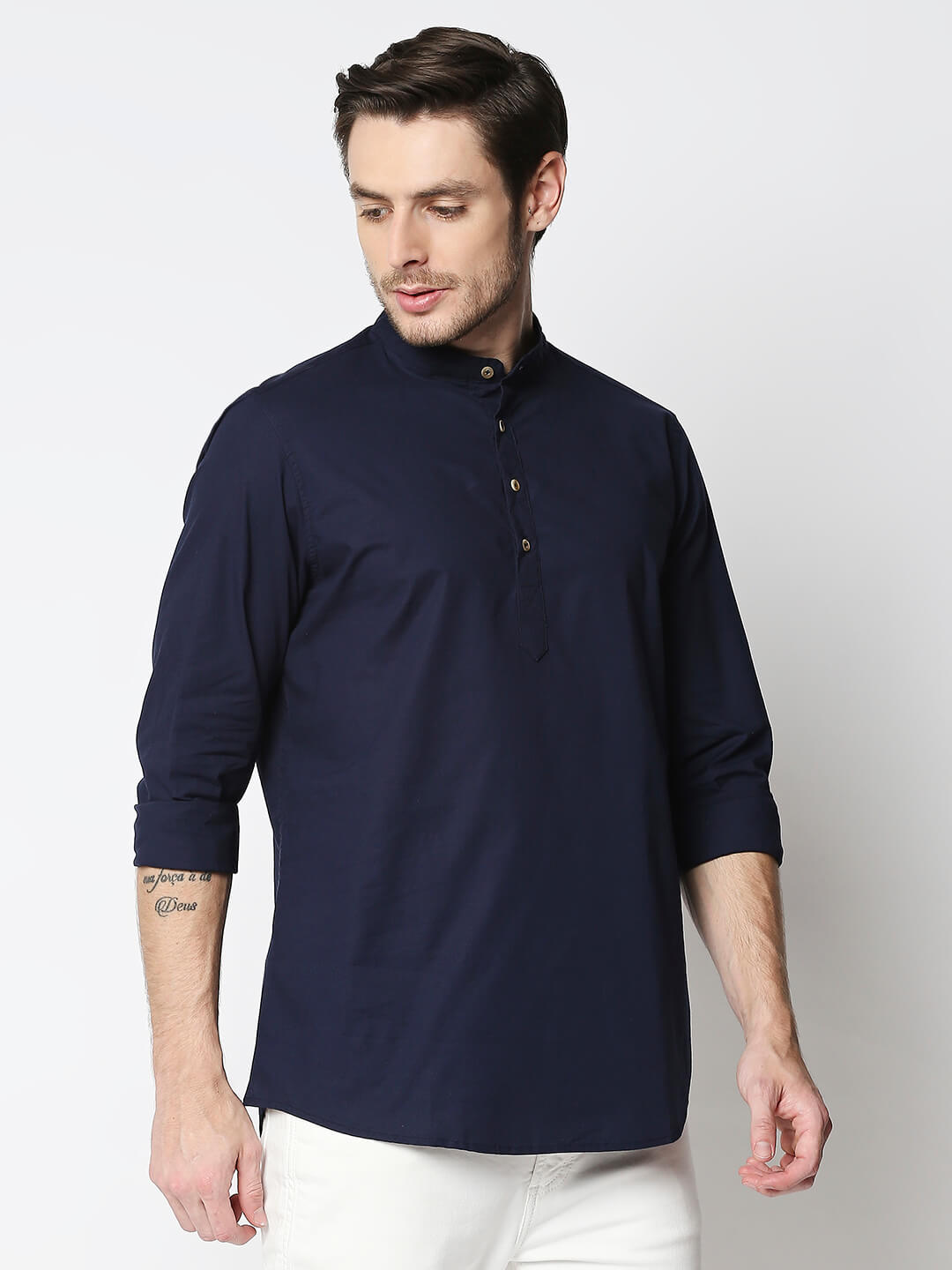 The Manaca Mandarin Collar Plain Shirt - Navy Blue