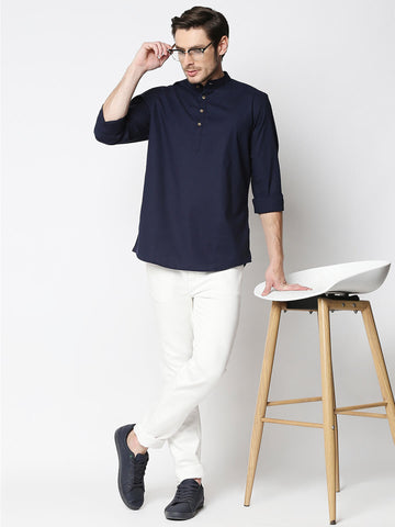 The Manaca Mandarin Collar Plain Shirt - Navy Blue