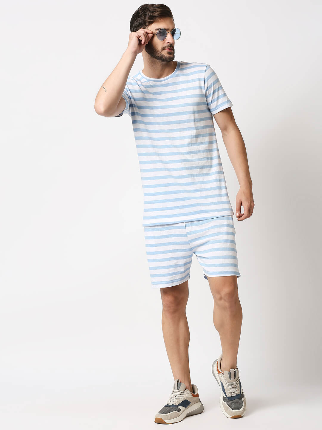 The Manaca Men Stripe Tee with Shorts - White & Blue