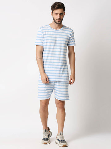 The Manaca Men Stripe Tee with Shorts - White & Blue