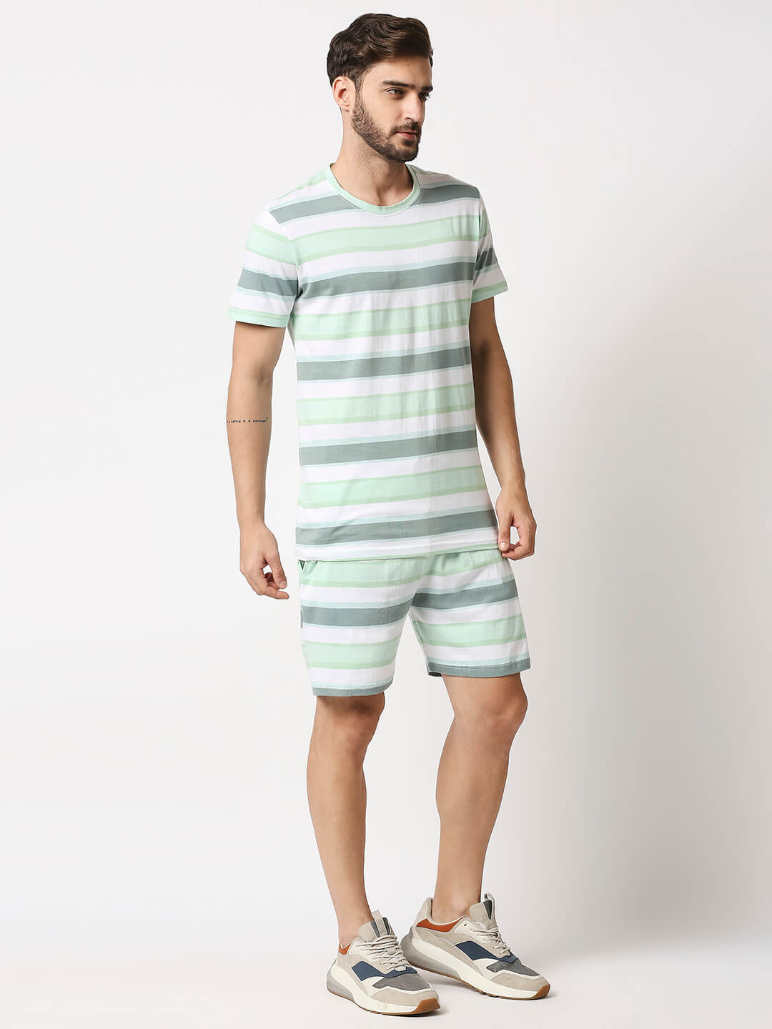 The Manaca Men Stripe Tee with Shorts - White & Peppermint