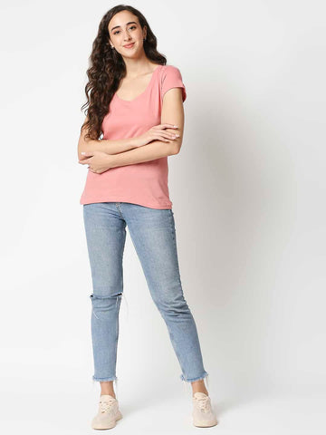 The Manaca Deep Round Neck T-shirt- Pink
