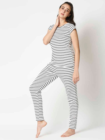 The Manaca Mother Round Neck Set Nightwear - White Stripe