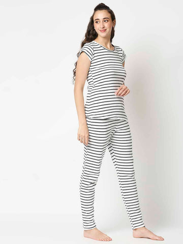 The Manaca Mother Round Neck Set Nightwear - White Stripe