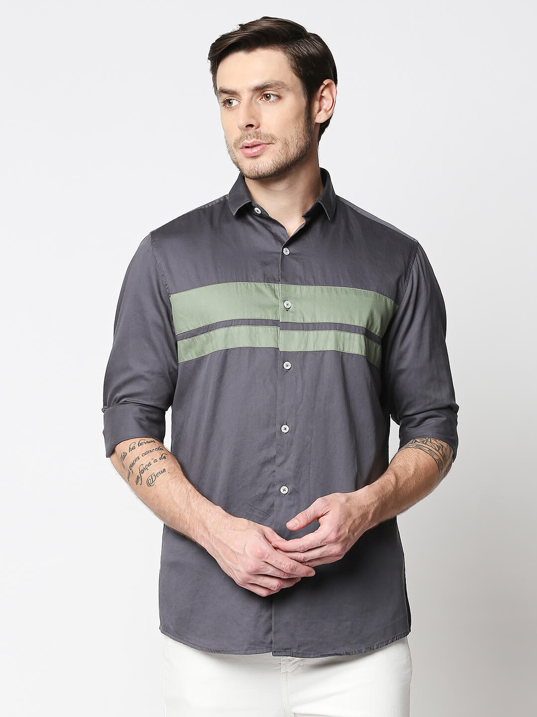 The Manaca Men Partywear Shirt- Grey & Sea-green Stripe