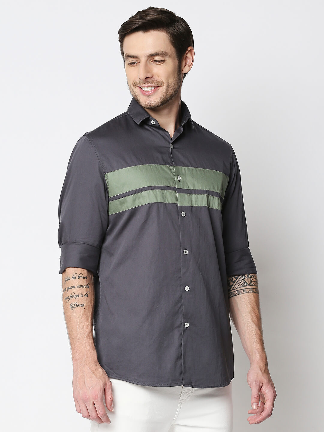 The Manaca Men Partywear Shirt- Grey & Sea-green Stripe