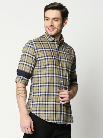 The Manaca Checkered Casual Full Sleeves Shirt-Khaki Checks